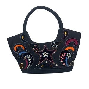 Vintage Y2K 90s Far Nine Brand Hand Bag Funky Embroidered Star Paisely